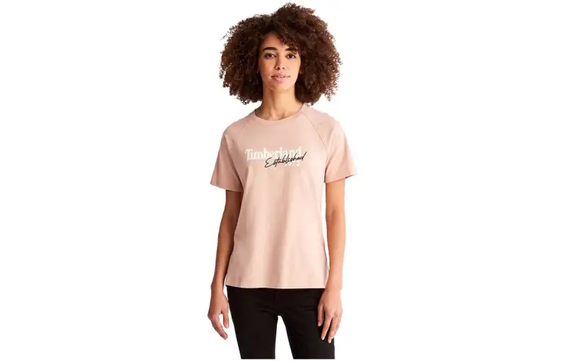 Timberland T Shirts Women's Light Pink Crew Neck Moderate Straight Fit