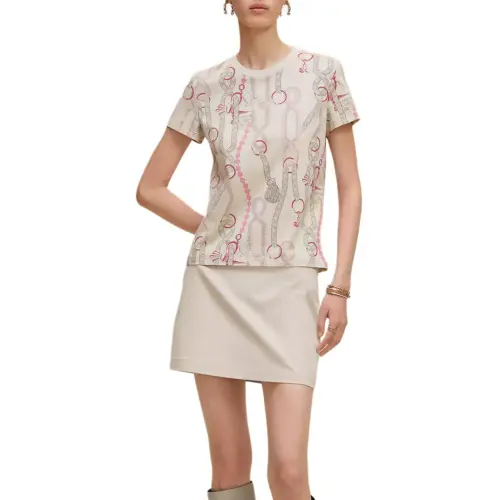 HERMES T Shirts Women's Beige Crew Neck Moderate Straight Fit