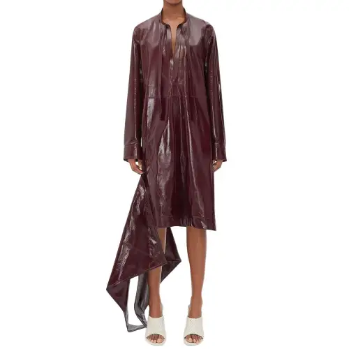 Bottega Veneta Shiny Leather Dress With Knot Detail Long Sleeved Dress Women's Brown