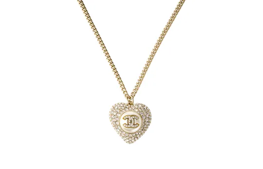 Chanel 2022 Plated Cc Faux Pearl Crystal Heart Pendant Necklace costume necklace