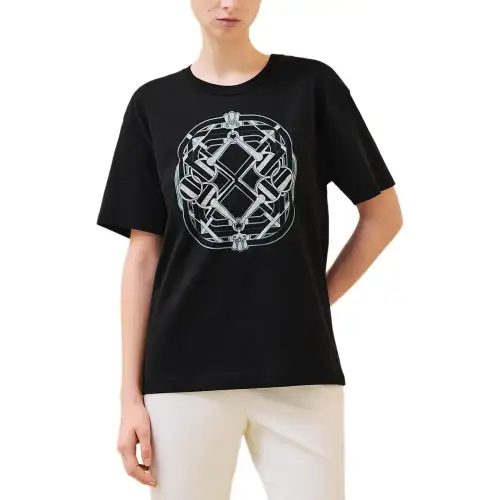 HERMES FW24 Toy Lock Ring Patterned Print Crew Neck Pullover Short Sleeved T Shirt Women's Black
