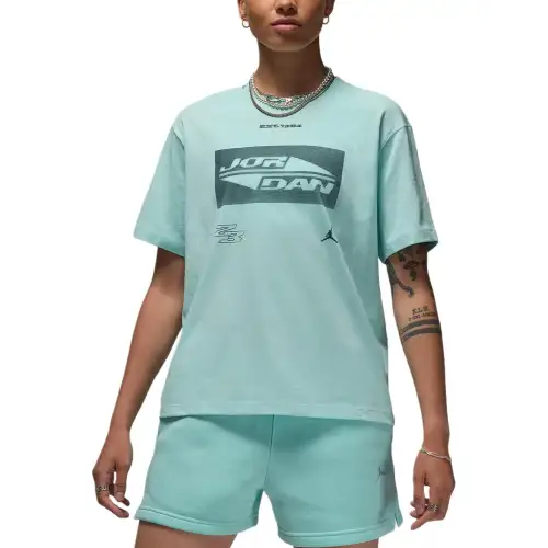 Jordan Drop Shoulder Sleeve T Shirt Women's Light Exposure/Green Oxidation