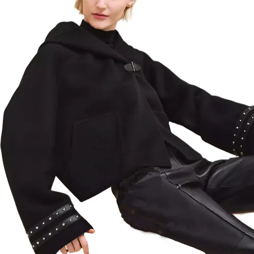 HERMES Coats Women's Black Hooded Moderate Straight Fit