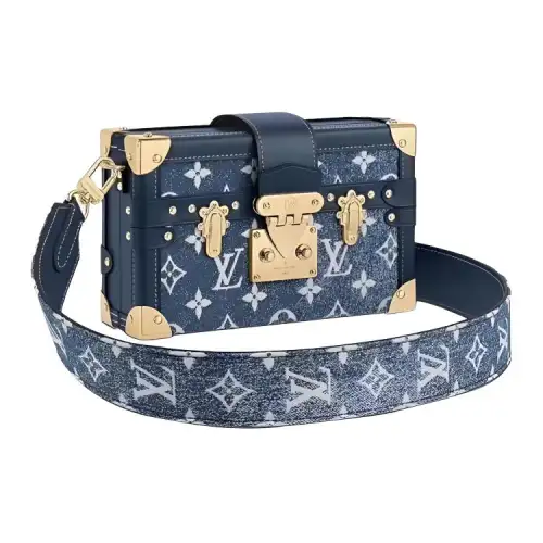 LOUIS VUITTON PETITE MALLE Denim With Cow Leather Trim Hard Box Bag, Handheld Crossbody Bag, Shoulder Bag Women's Blue