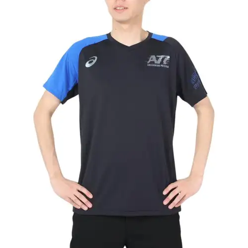 ASICS T Shirts Men's Blue Black V Neck Thin
