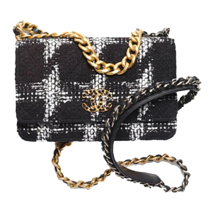 CHANEL 19BagWOC Wool Blended With Soft Woolen Wallet On Chain, Shoulder Bag, Crossbody Bag Women's Black White