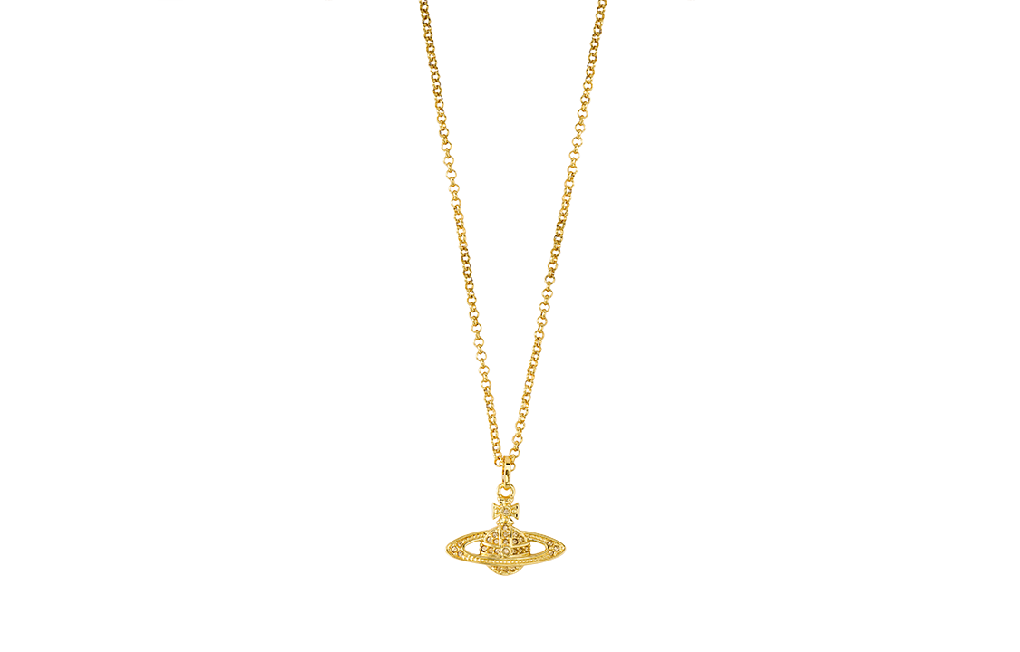 Vivienne Westwood Queen Mother mini bas relief embossed crystal Saturn brass necklace women's gold