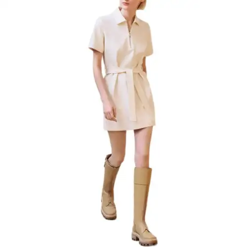 HERMES FW24 Short Sleeved Dress Women's White Khaki