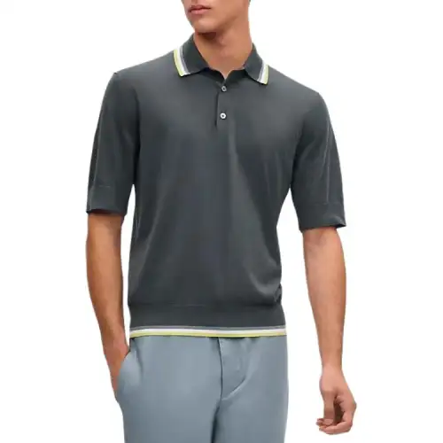HERMES Polo Shirts Men's Gray Polo Collar Moderate Straight Fit