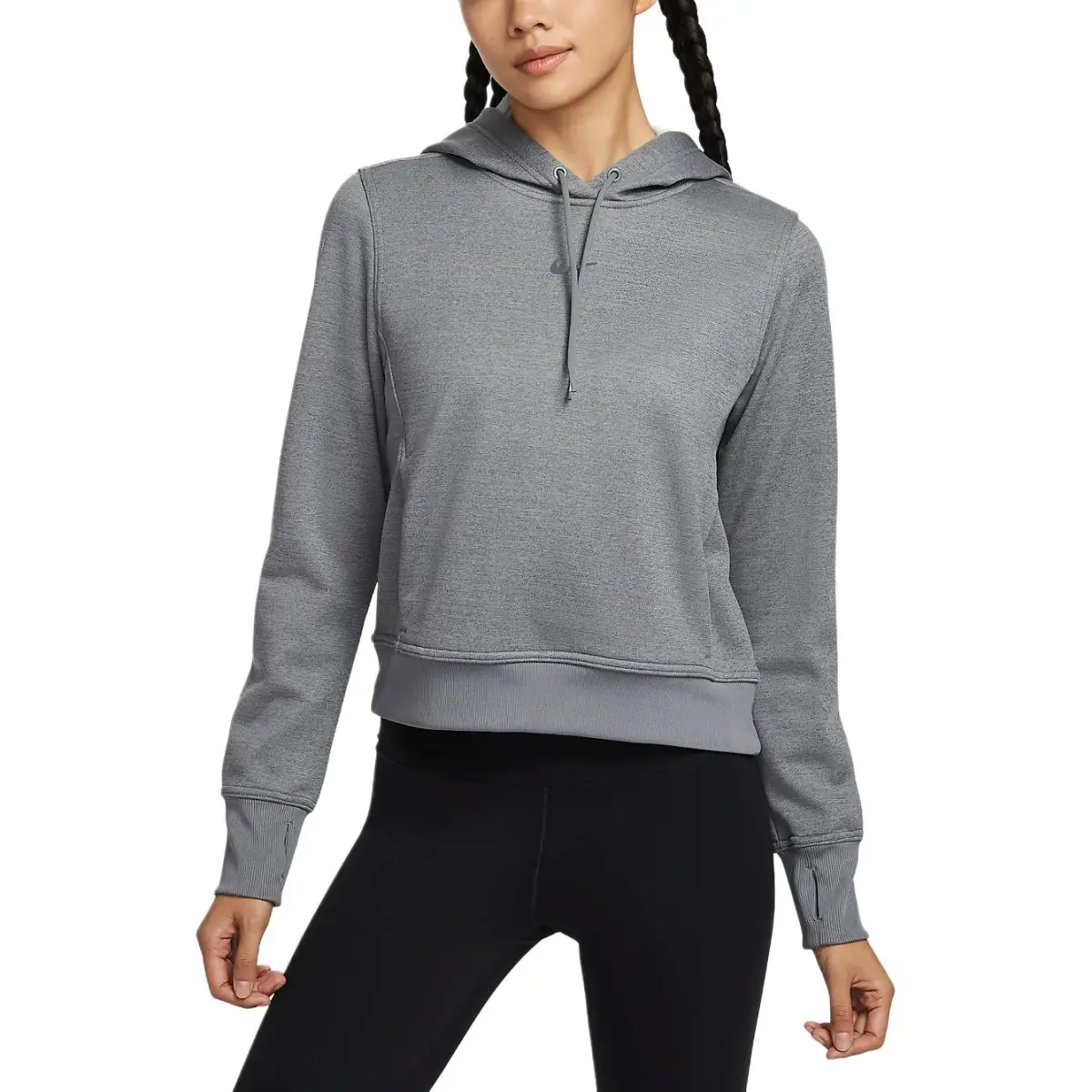 Nike Therma FIT One Fleece Lined Thermal Solid Color Hooded Short Sweatshirt Women's Carbon Gray/White