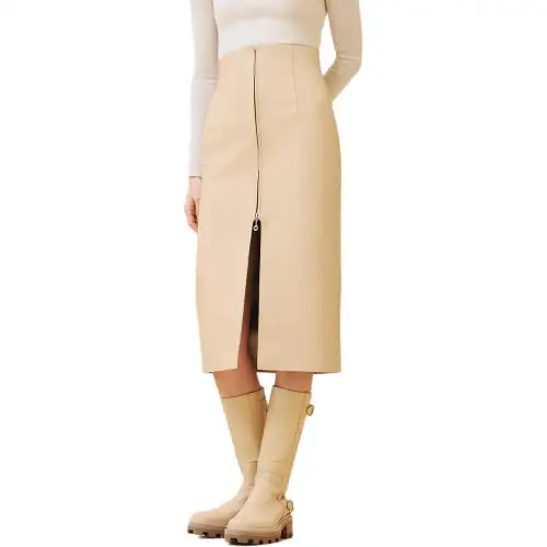HERMES FW24 Leather Long Skirt Women's Soft Beige