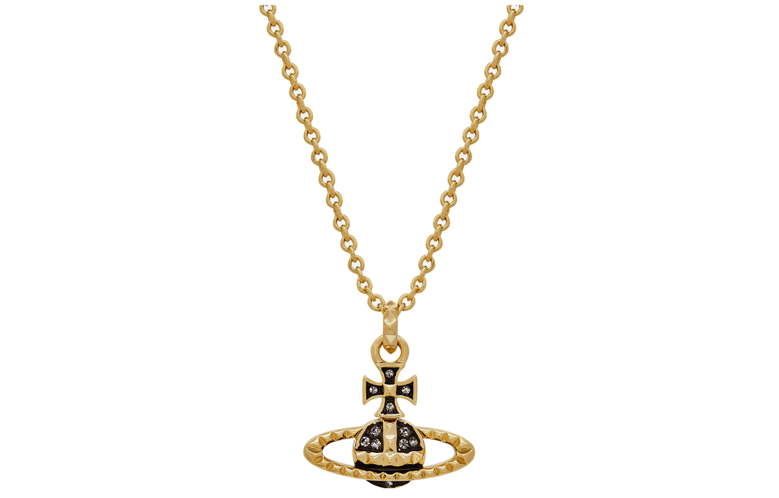 Vivienne Westwood Mayfair Bas relief color block diamond design relief pendant brass necklace men and women same style couple model black diamond/gold