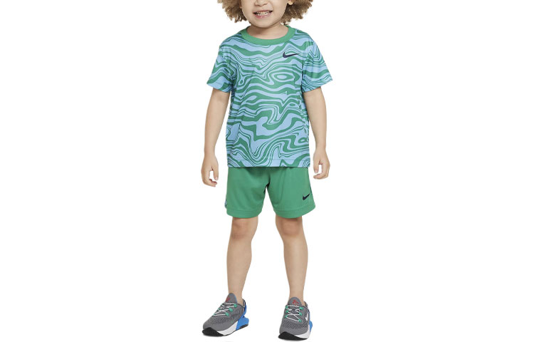 Nike Children's suit Sportswear Paint Your Future Dri-FIT logo all-over graphic short-sleeved T-shirt elastic waist shorts stadium green infant and toddler