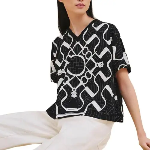 HERMES T Shirts Women's Black V Neck Moderate Straight Fit
