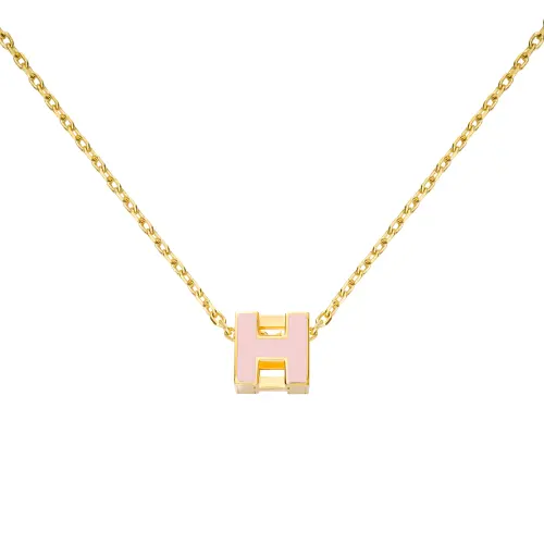 HERMES Cage D'H Small Block Gold Plated Necklaces Women's Pink Gold
