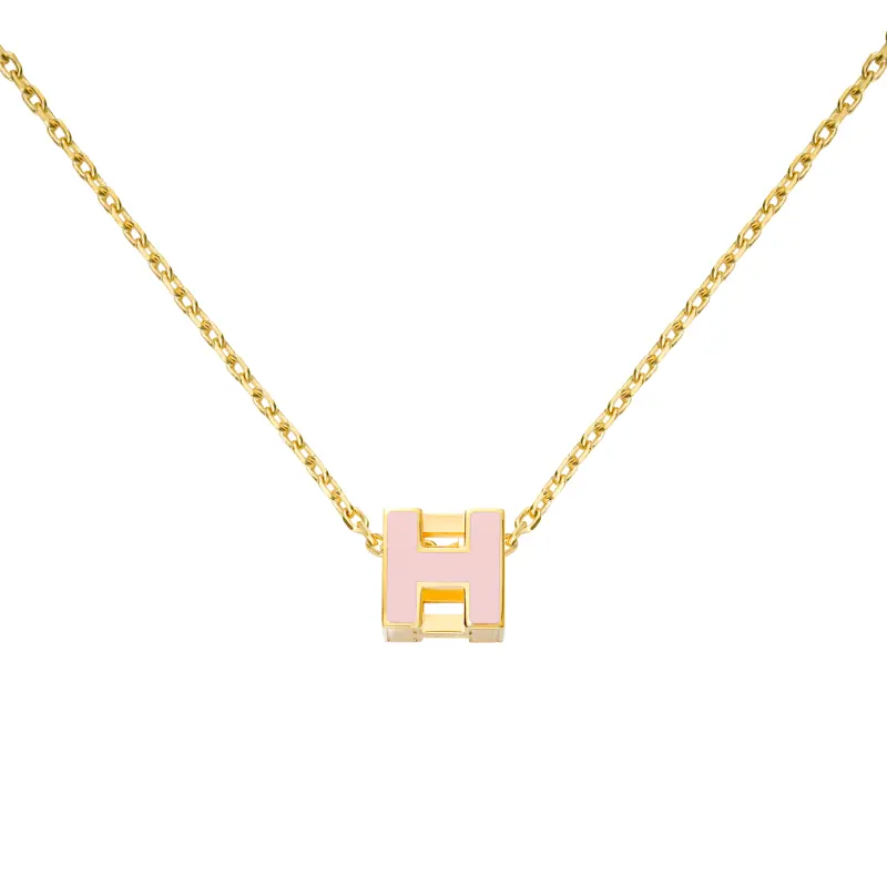 HERMES Cage D'H Small Block Gold Plated Necklaces Women's Pink Gold