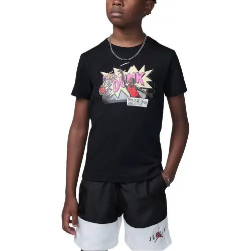 Jordan T-shirt Air Jordan Dunk Comic Print Round Neck Short Sleeve Black Children's