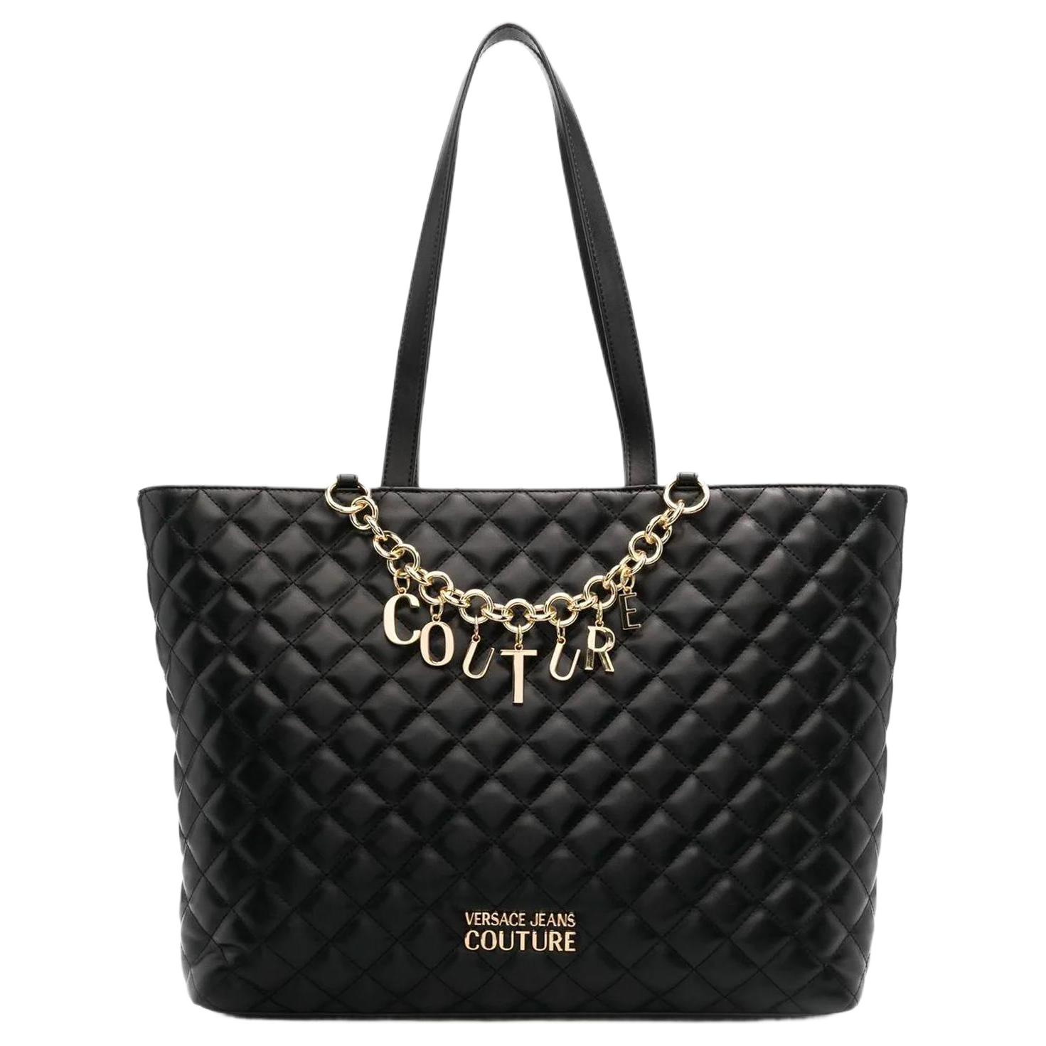 VERSACE JEANS COUTURE Versace Стеганая сумка-тоут из полиуретана с логотипом Second Line и цепочкой один Плечо рукой тигр пакет большой женский черный