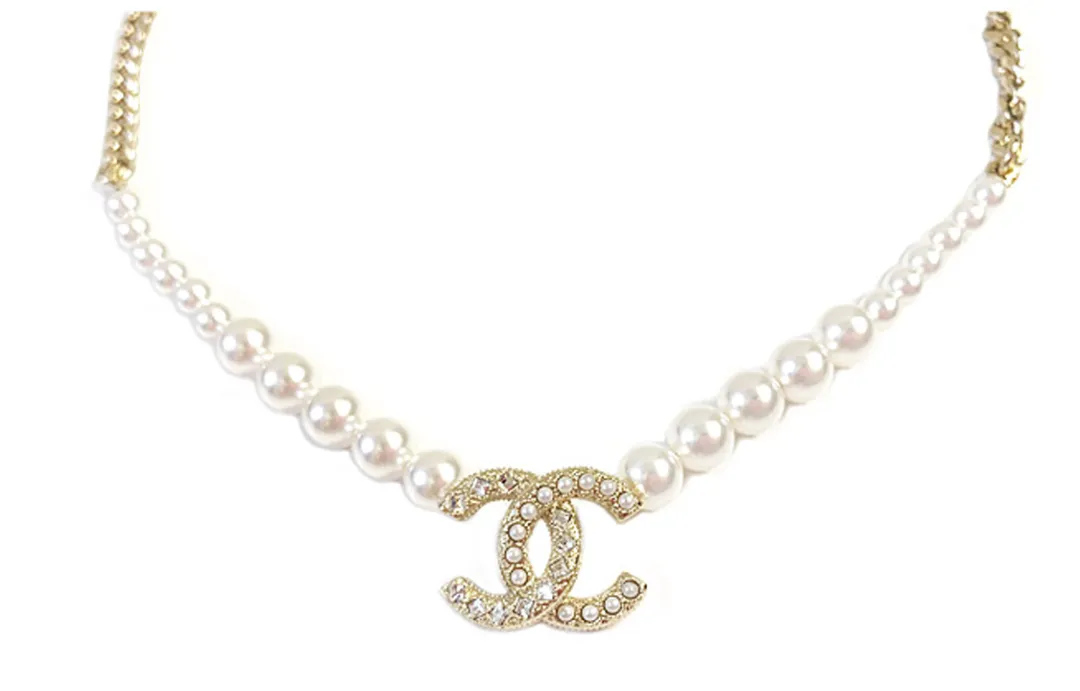 CHANEL Metal Artificial Pearl Necklaces Women's Gold/Pearl White