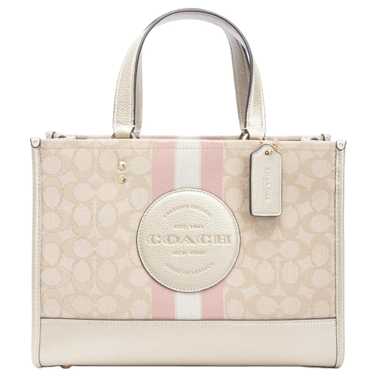 COACH Dempsey Fabric With Leather And Calfskin Tote Bag, Shopping Bag, Handbag Large Women's Khaki & Pink White