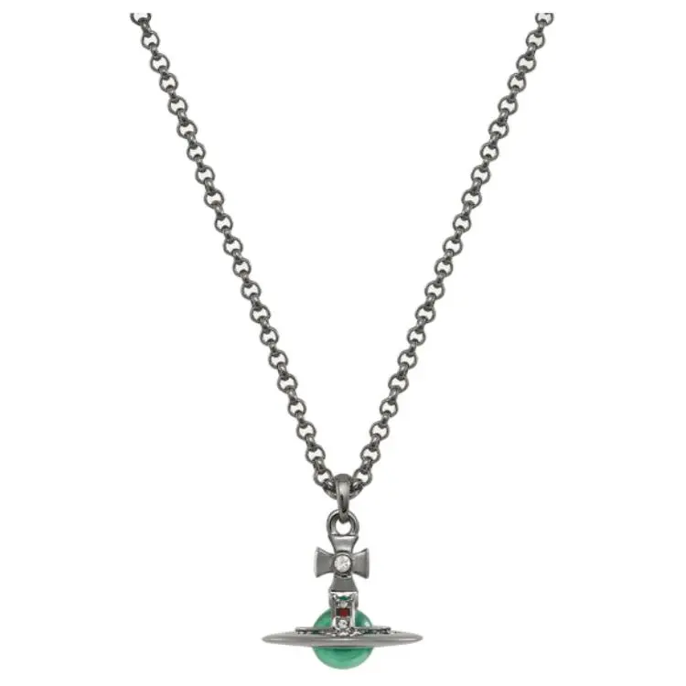 Vivienne Westwood Brass 3D Effect Saturn Globe Pendant Necklace Unisex Gunmetal Gray/Mint Green