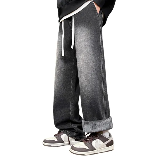 Jeep Thickened And Fleece Lined American Luxury Streetwear Bleached Corduroy Draped Loose Fit Wide Leg Jeans Unisex