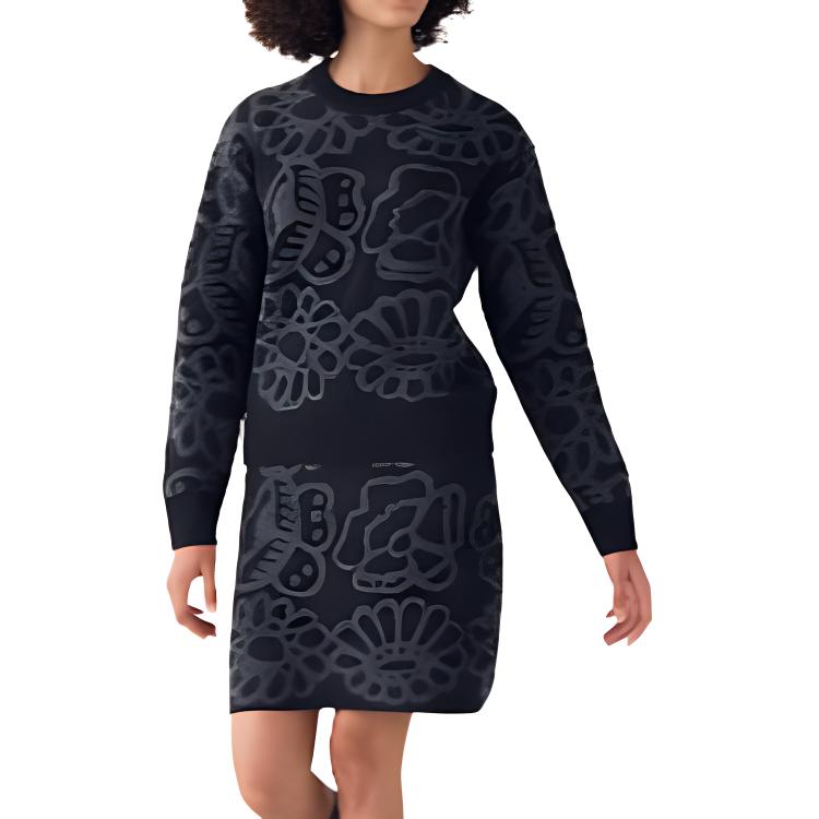 UNIQLO /UNIQLO x Marimekko joint model FW24 ribbed edge floral pattern casual round neck long-sleeved sweater for women, dark gray