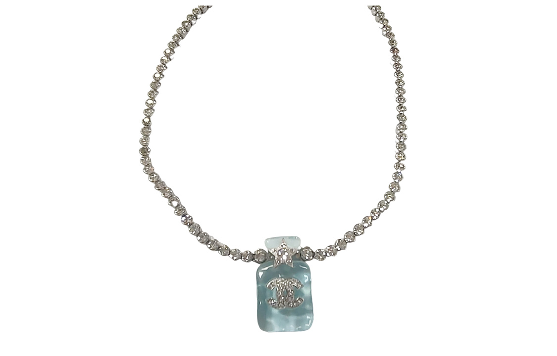 CHANEL Chanel 23S Blue Star Perfume Bottle Rhinestone Double C Chain Resin Necklace Women's Silver