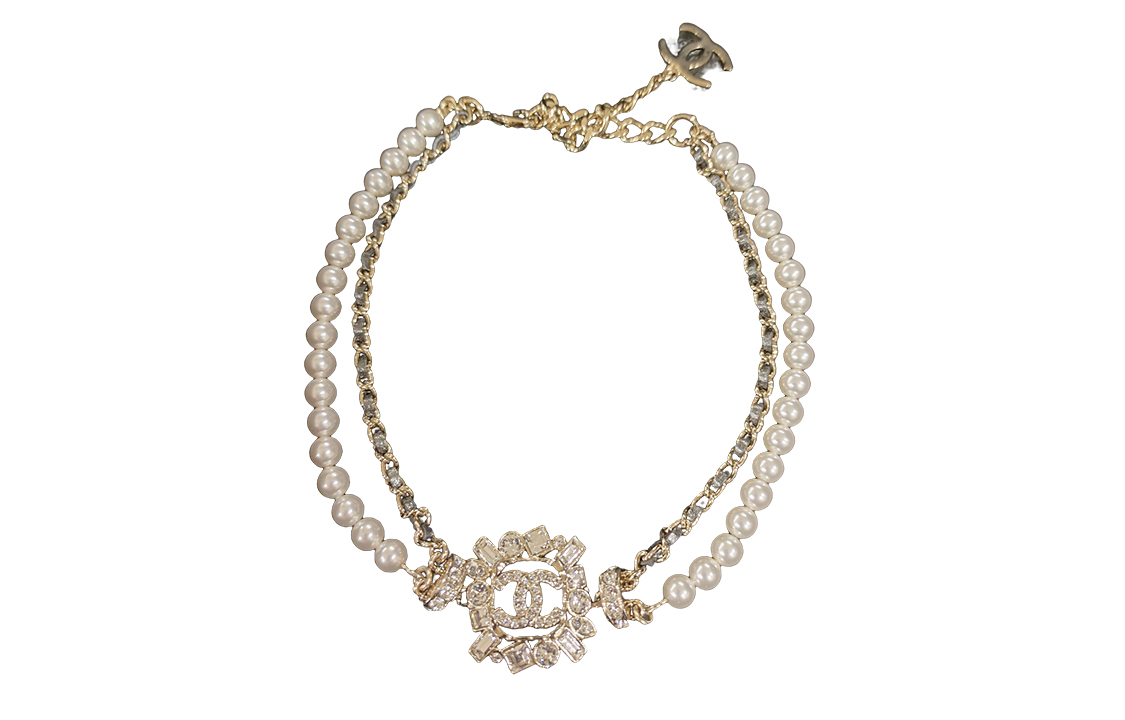 CHANEL Chanel 23P 23p square rhinestone pearl leather wear double C synthetic cubic zirconia/rhinestone, pearl, metal necklace for women