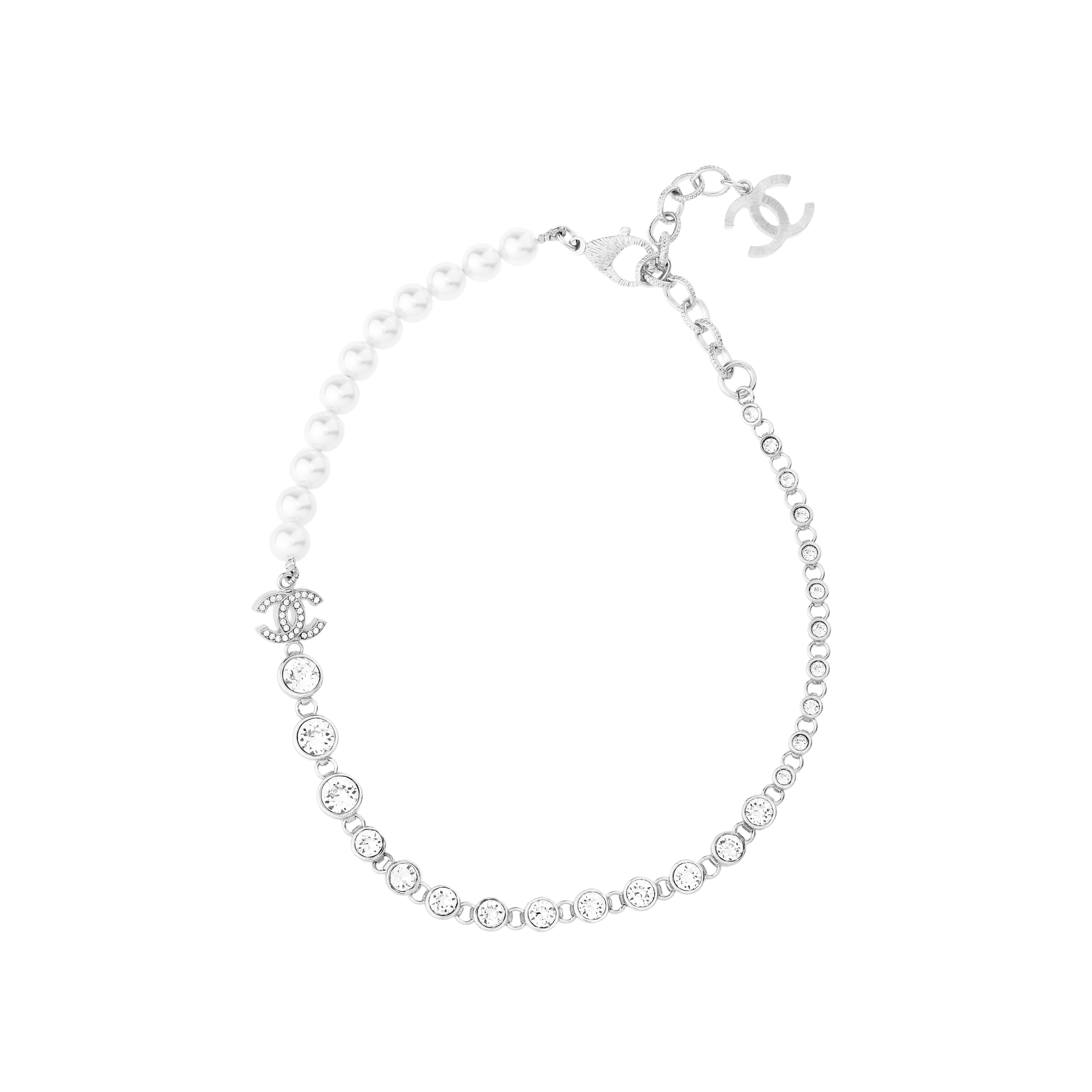 CHANEL Chanel 23S Pearl and Rhinestone Spliced Chain Double CLogo 925 Silver Necklace Women's Silver