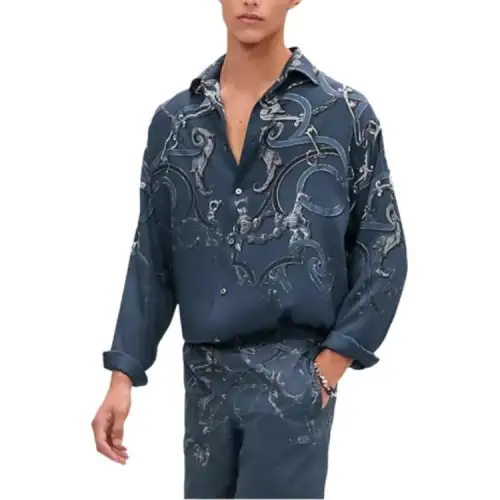 HERMES Shirts Men's Blue Lapel Moderate Other