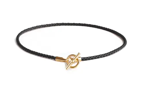 HERMES Calfskin, Gold Plated Necklaces Women's Black