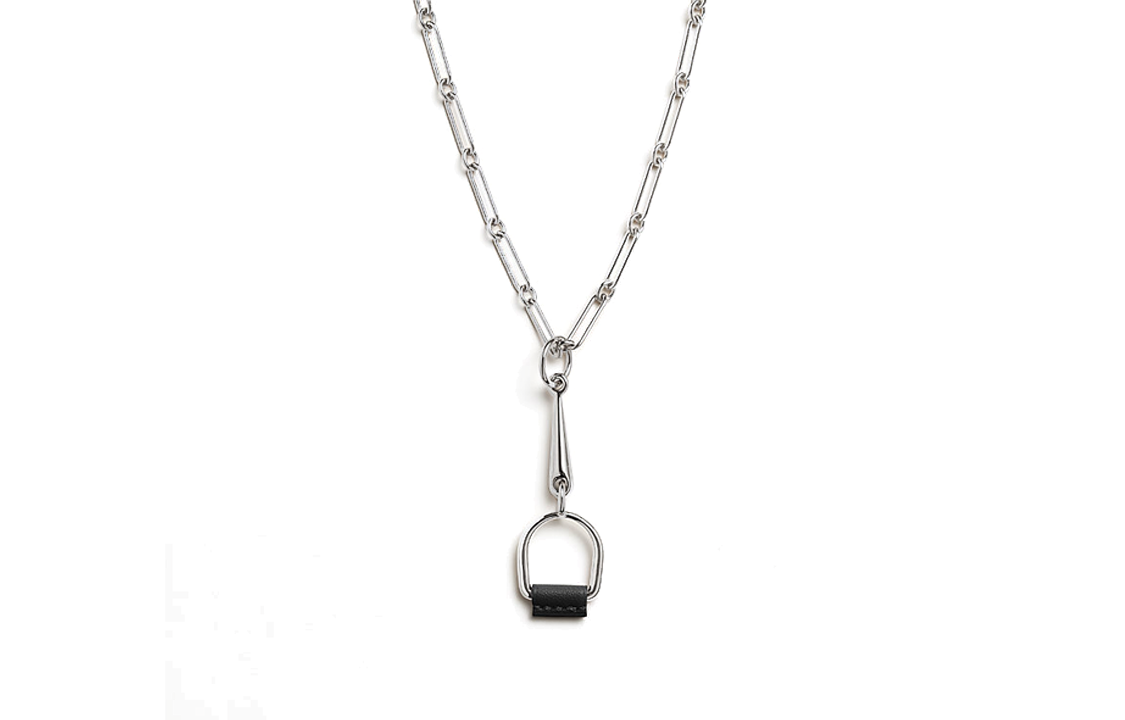 HERMES Heritage Equestre Calfskin, Metal, Palladium Plated Necklaces Unisex Silver