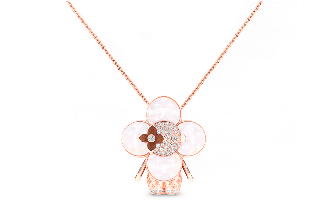 LOUIS VUITTON Louis Vuitton VIVIENNE RAINBOW Wood Carving Decoration 18K Rose Gold Diamond Colored Gemstone Mother-of-Pearl Necklace Women's Rose Gold
