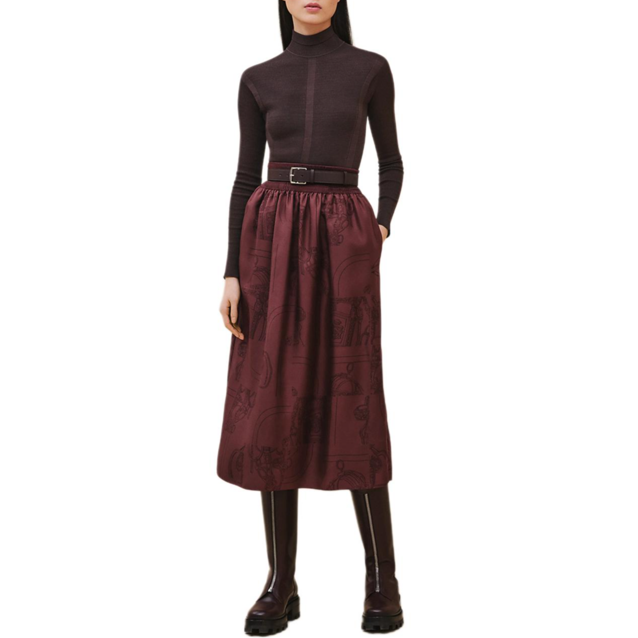 HERMES FW24 Casual Long Skirt Women's Carmine