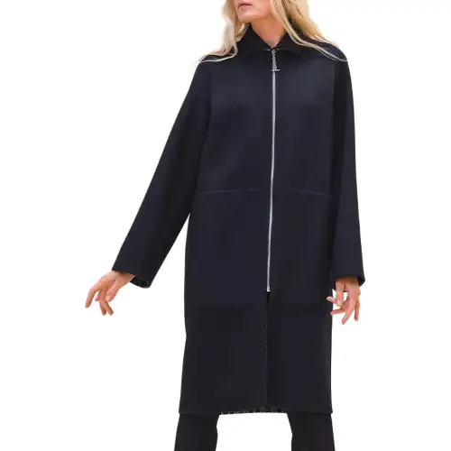 HERMES Coats Women's Blue Lapel Moderate Straight Fit