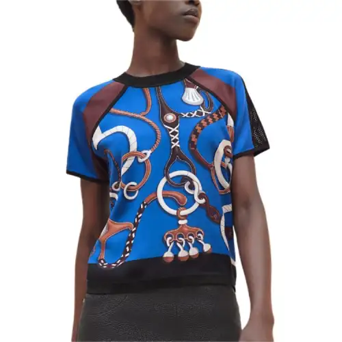 HERMES SS24 Multicolor Ribbed Binding Crew Neck Short Sleeved T Shirt Women's Bay Blue