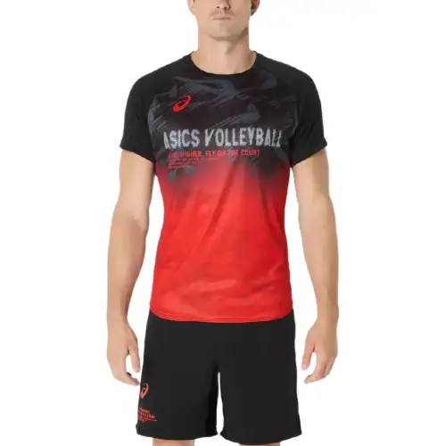 ASICS T Shirts Men's Black Red Crew Neck