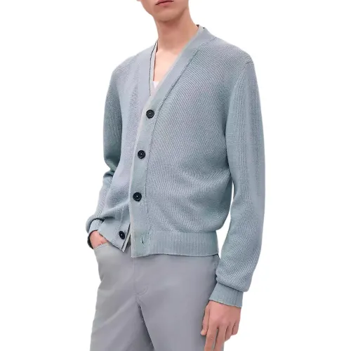 HERMES Knitwear Men's Blue V Neck Moderate Cardigan