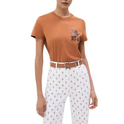 HERMES T Shirts Women's Orange Crew Neck Moderate Straight Fit
