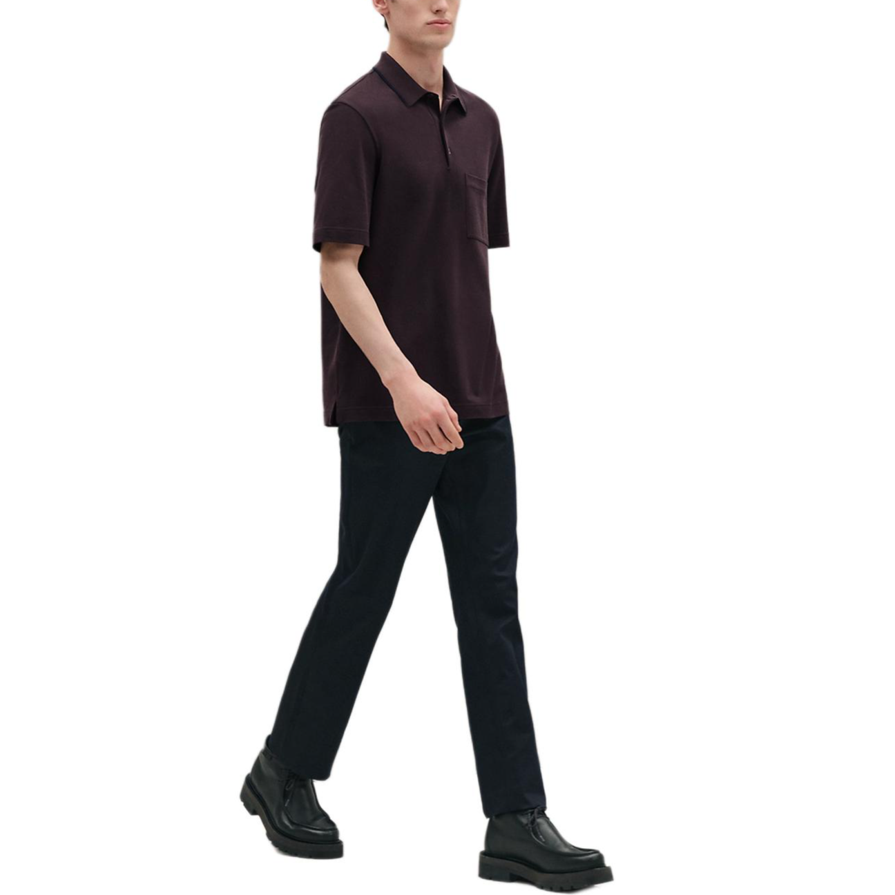 HERMES Polo Shirts Men's Dark Reddish Purple Polo Collar Moderate Straight Fit