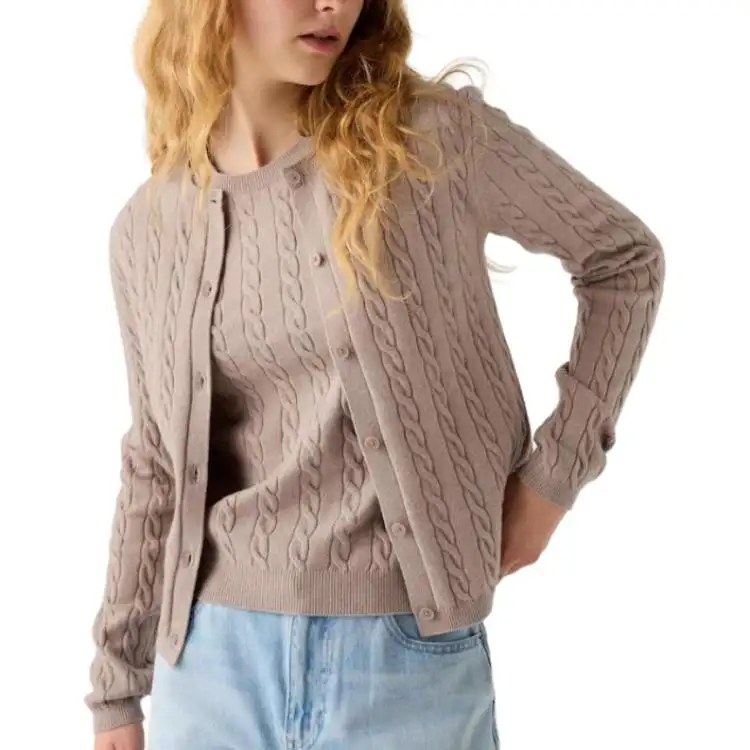 UNIQLO Knitwear Women's Beige Crew Neck Moderate Cardigan