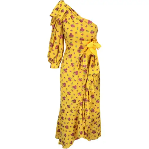 GUCCI Little Flower Georgette One Shoulder Dress Lemon Azalea Nude
