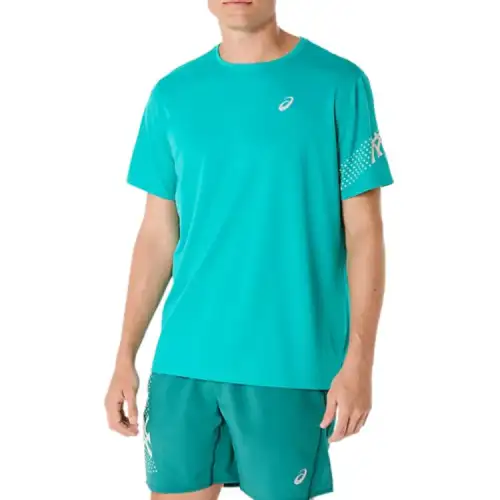 ASICS T Shirts Men's Cyan Crew Neck