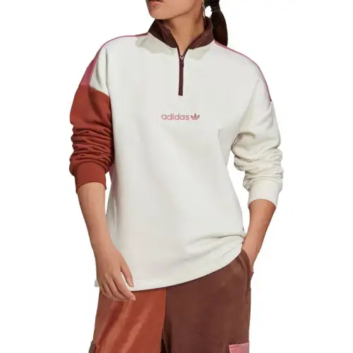 Adidas Originals Sports Lifestyle Collection, Fleece Lined Thermal Half Zip Stand Collar Sweatshirt Women's White/Pink