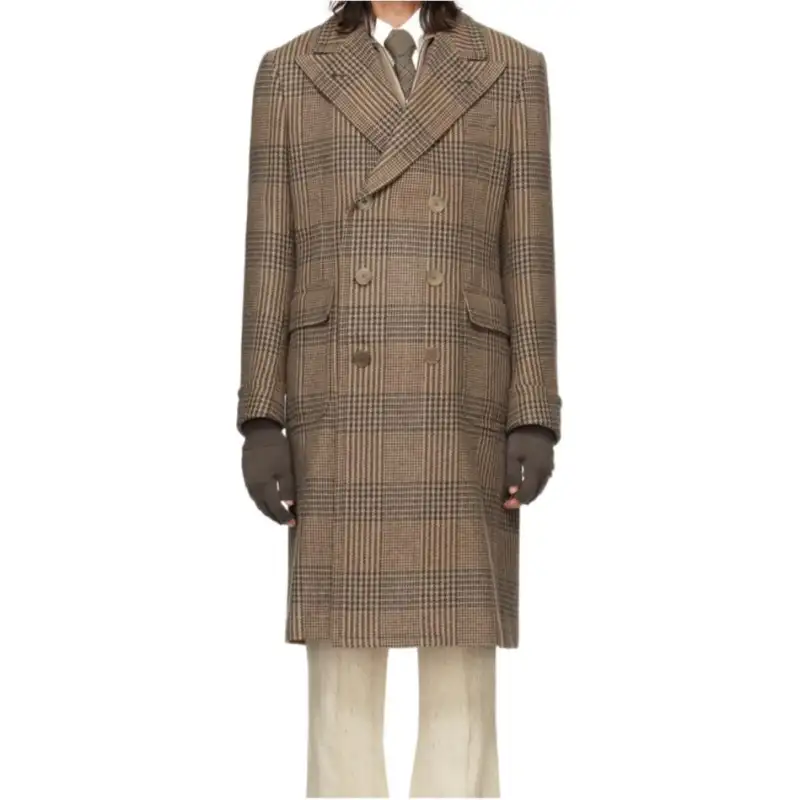 Polo Ralph Lauren Plaid double-breasted mid-length long-sleeved coat for men brown