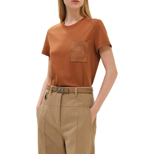 HERMES T Shirts Women's Brown Crew Neck Moderate Straight Fit