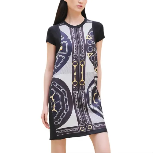 HERMES FW24 Short Sleeved Dress Women's Blue Black