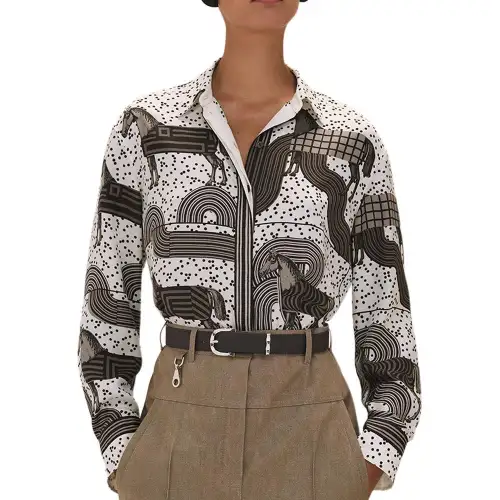 HERMES Shirts Women's Gray Lapel Moderate Other