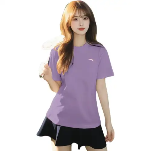 ANTA T Shirts Women's Silk Gray Purple Crew Neck Thin Two Piece Set